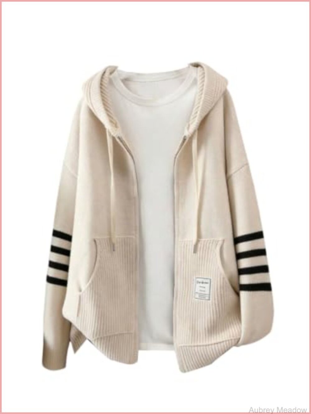 Zip Up Cardigan Sweater Long Sleeve Striped Hooded Knit Women's